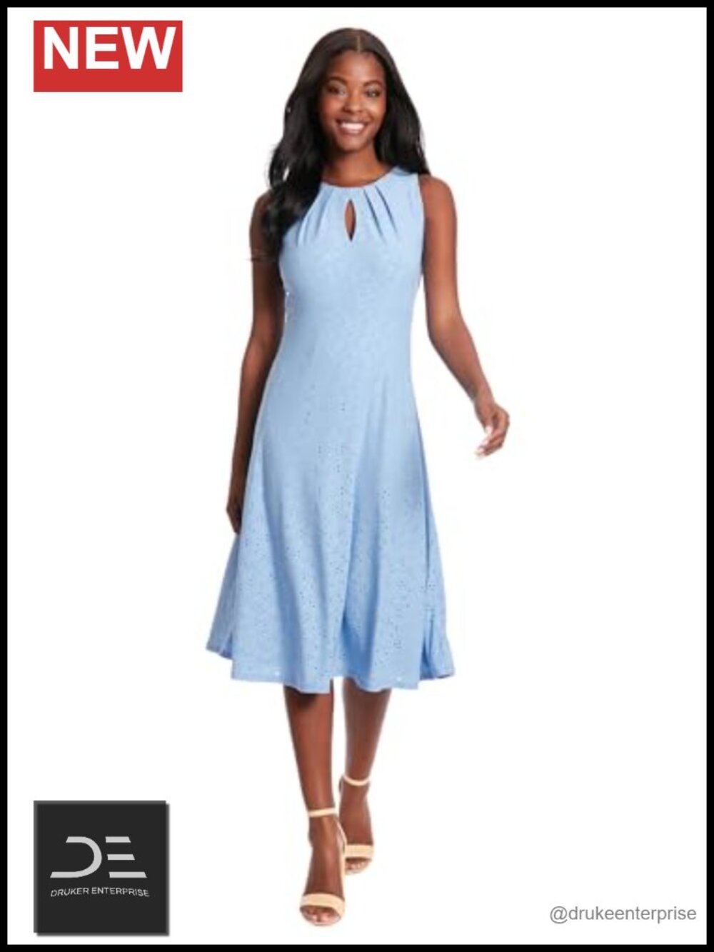 Sleeveless Fit Flare Dress With Pleat Tucks Keyhole Detail